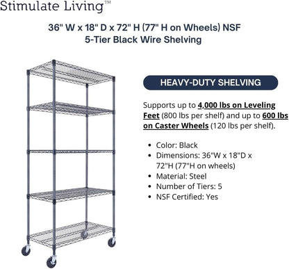 36"x18"x72" Prime Heavy Duty Black 5-Tier Wire Shelving NSF 4000 LBS MAX Capacity Storage Rack for Commercial, Hospital, School, Garage, and Kitchen Uses (with Wheels)