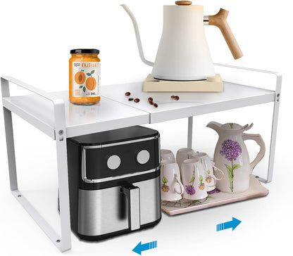 11'' Wide Expandable Cabinet Shelf Organizer Rack Adjustable Length 14''-26'' Pantry Shelf Spice Rack Heavy Duty Nonslip Kitchen Counter Storage Shelves Pantry Cupboard Under Sink Countertop White