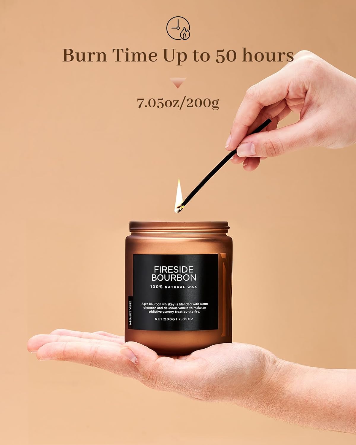 M&SENSE Fireside Bourbon Clean Non-Toxic Soy Wax Campfire Smoky Candle, Cotton Fall Scented Candle for Home Decor, 7.05oz Up to 50 Hours Burn Time Aromatherapy Gift for Bathroom