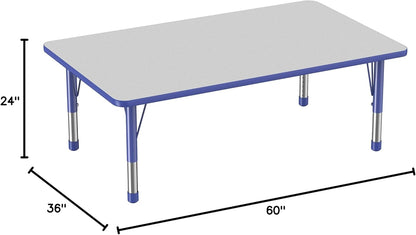 Factory Direct Partners FDP Rectangle Activity School and Classroom Kids Table (36 x 60 inch), Toddler Leg, Adjustable Height 15-24 inches - Gray Top and Blue Edge