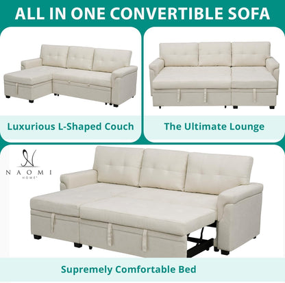 Naomi Home L-Shaped Reversible Sectional Sofa with Pull-Out Sleeper Bed and Storage Chaise, Cream Velvet