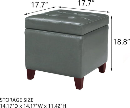 Adeco Bonded Leather Square Tufted Cubic Cube Storage Footstool, 18" Inch Ottomans & Storage Ottomans, With Lid, Dim Gray