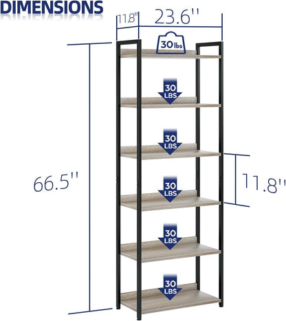 NUMENN Bookshelf, 6 Tier Bookshelves, Home Office Bookcase Shelf Storage Organizer, Free Standing Storage Shelving Unit for Bedroom, Living Room and Home Office, Grey