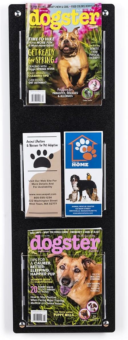 Displays2go Tiered Magazine Holder for Wall, 3-6 Adjustable Pockets, Frameless Acrylic - Black (2RP3BLK)