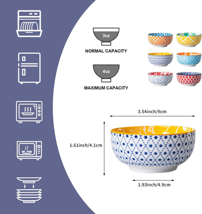 Ceramic Dipping Bowls Set - 4 Oz Small Dessert Bowl 3.5 Inch Porcelain Small Bowls for Side Dishes, Snack, Yogurt, Appetizer - Microwave Dishwasher Safe - Set of 6 - Assorted Colors