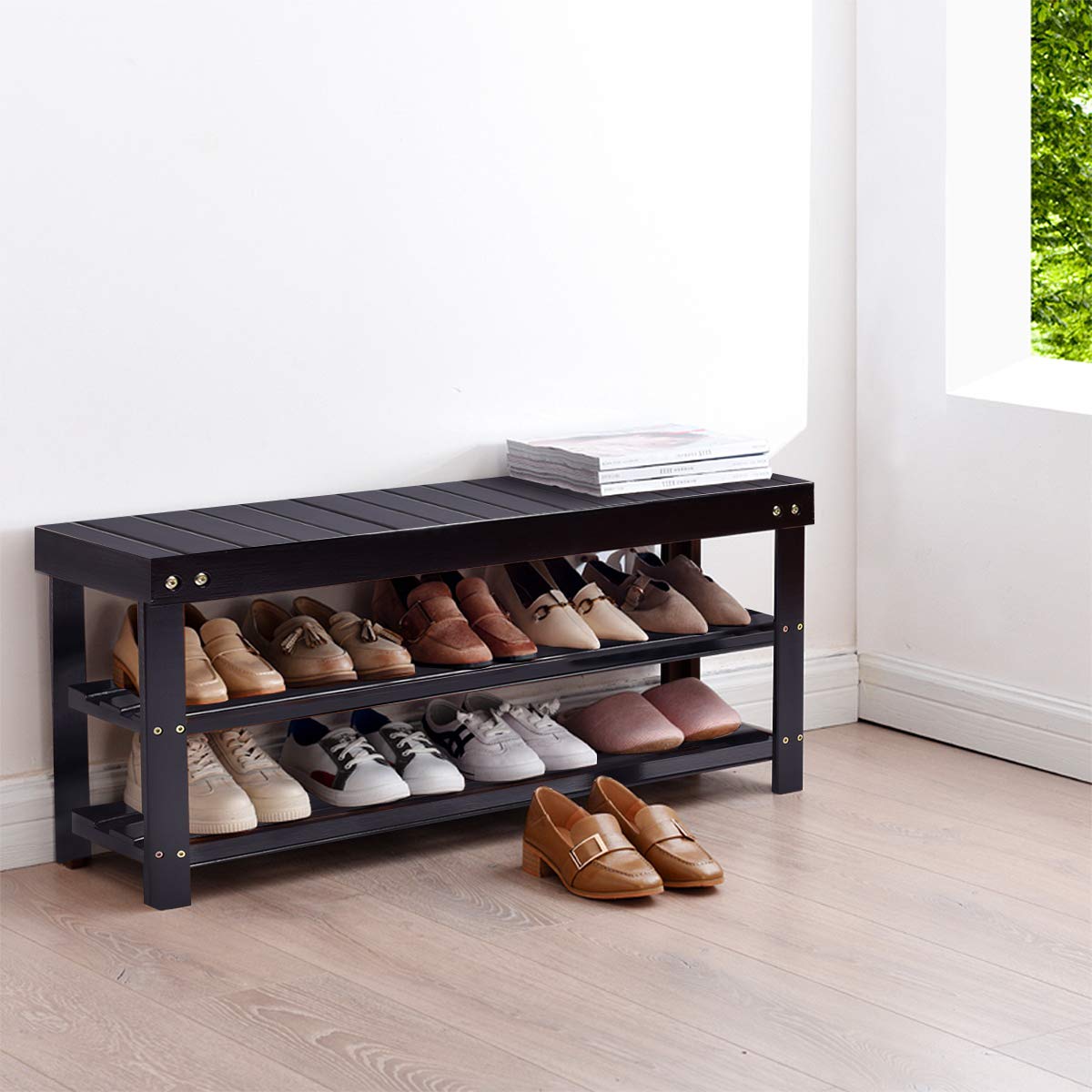 GOFLAME Shoe Bench Rack, 2-Tier Bamboo Seat Storage Shelf, Free Standing Shoe Storage Bench with