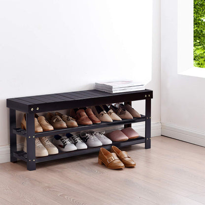 GOFLAME Shoe Bench Rack, 2-Tier Bamboo Seat Storage Shelf, Free Standing Shoe Storage Bench with