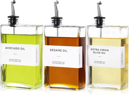 Olive Oil Dispenser Bottle for Kitchen, 3 Pack Glass Oil and Vinegar Dispenser Set, Elegant Book Design, Durable, Leak-Proof, Easy-Pour Spouts, Perfect for Kitchen, Dining Table (12oz)