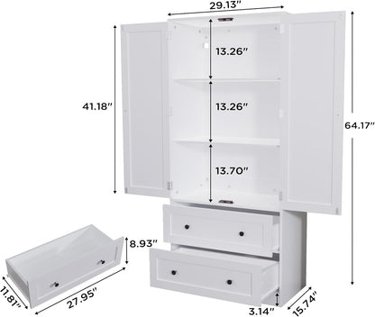 64.2" Tall White Kitchen Pantry, Storage Cabinet with Doors and Drawers, Freestanding Wooden Organizer for Kitchen, Dining Room