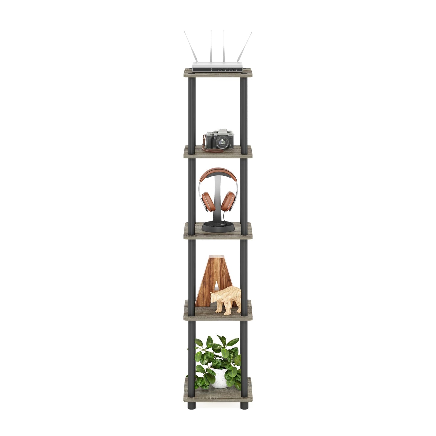 FURINNO Turn-N-Tube 5-Tier Corner Square Rack Display Shelf, Round, French Oak Grey/Black