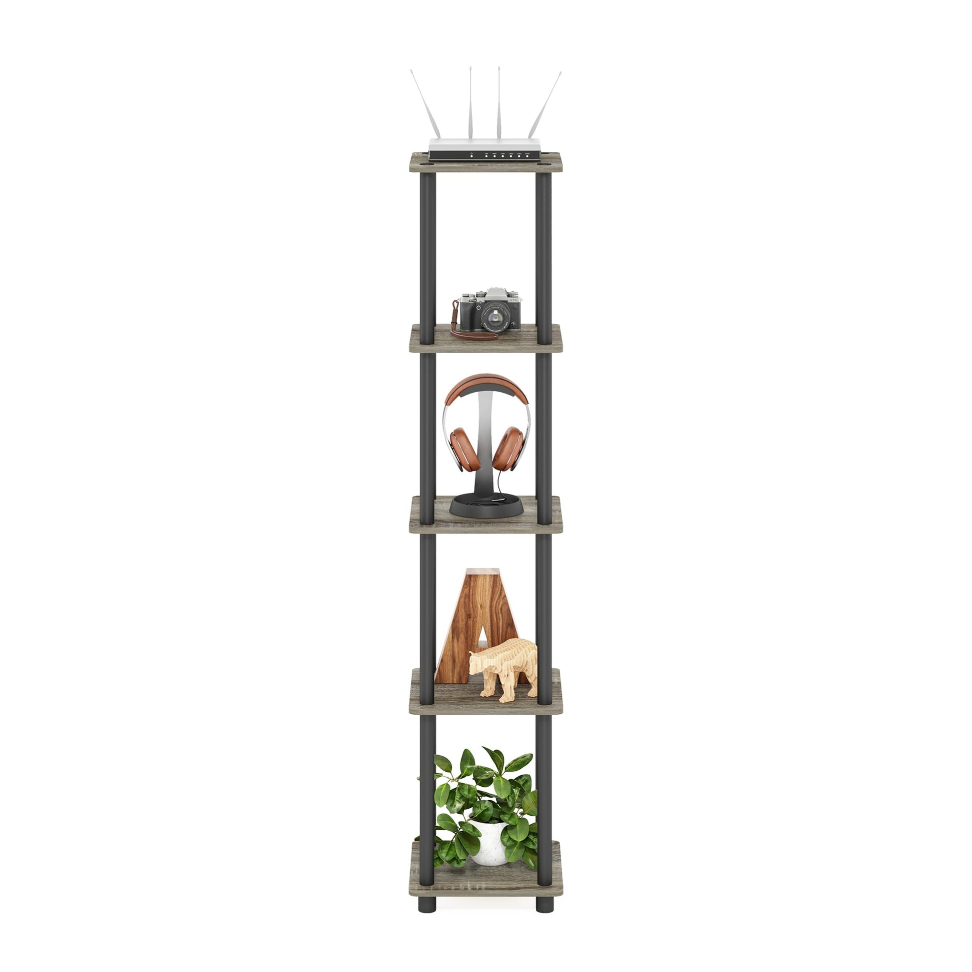 FURINNO Turn-N-Tube 5-Tier Corner Square Rack Display Shelf, Round, French Oak Grey/Black