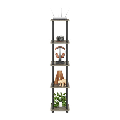 FURINNO Turn-N-Tube 5-Tier Corner Square Rack Display Shelf, Round, French Oak Grey/Black