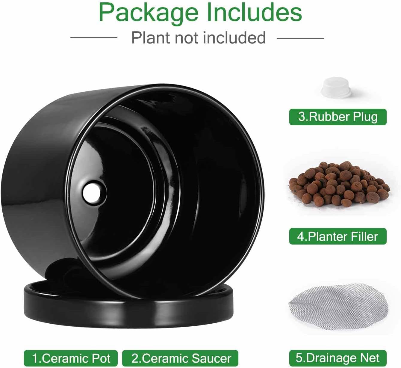 Aveyas 10 inch Ceramic Plant Pot with Drainage Hole and Saucer - Suitable for Indoor and Outdoor Use, Modern Planters for House Garden Flower Tree Snake Monstera Plants (10", Glossy Black)