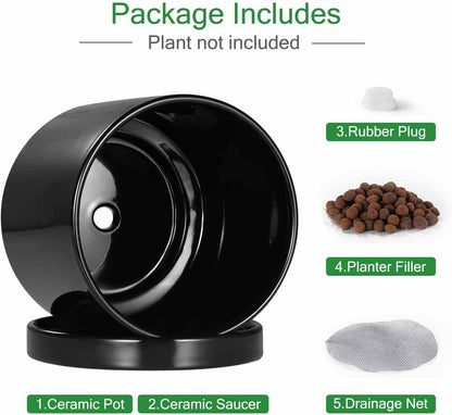 Aveyas 10 inch Ceramic Plant Pot with Drainage Hole and Saucer - Suitable for Indoor and Outdoor Use, Modern Planters for House Garden Flower Tree Snake Monstera Plants (10", Glossy Black)