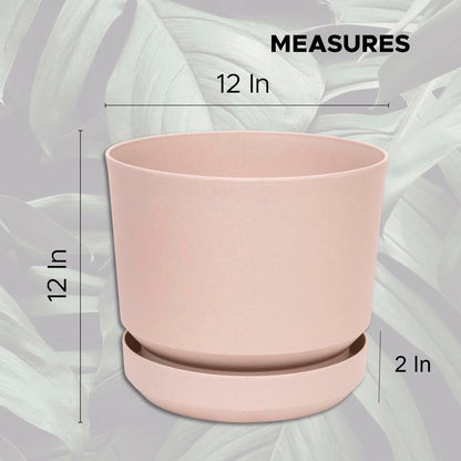 Elly Décor 12 inch Plastic Cylinder Planter Pot with Self-Watering Saucer and Drainage Hole,Lightweight & Extremely Durable, 12"x 12", Ivory