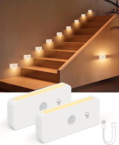 Yiliaw Motion Sensor Night Lights Indoor - Rechargeable Stick-On Stair Lights with Wireless Magnetic Mount, Adjustable Brightness & 3 Color Temps for Hallway, Stairway, Bathroom, Closet (2-Pack)
