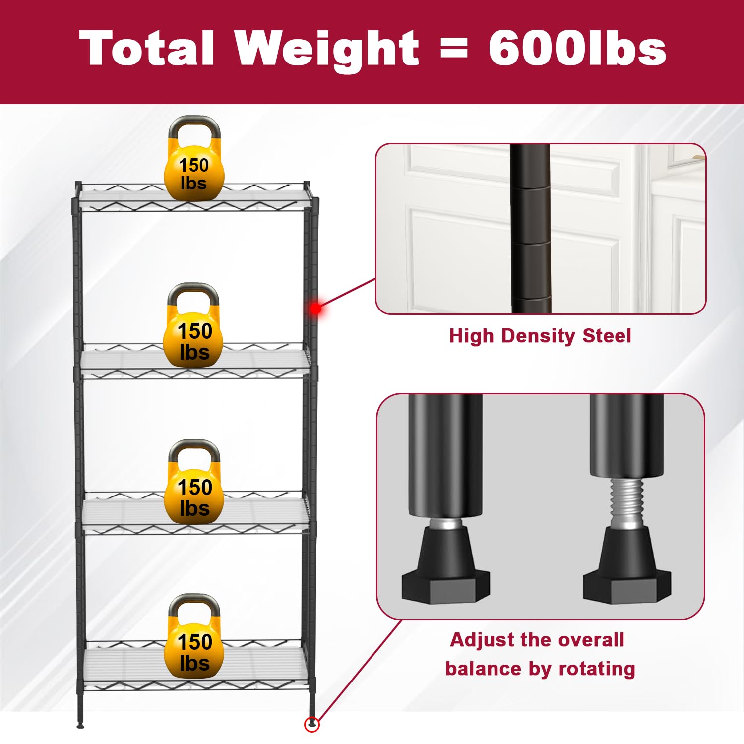 4-Tier Wire Shelving Unit 600 lbs Weight Capacity Storage Shelves Metal Frame Garage Shelves Easy
