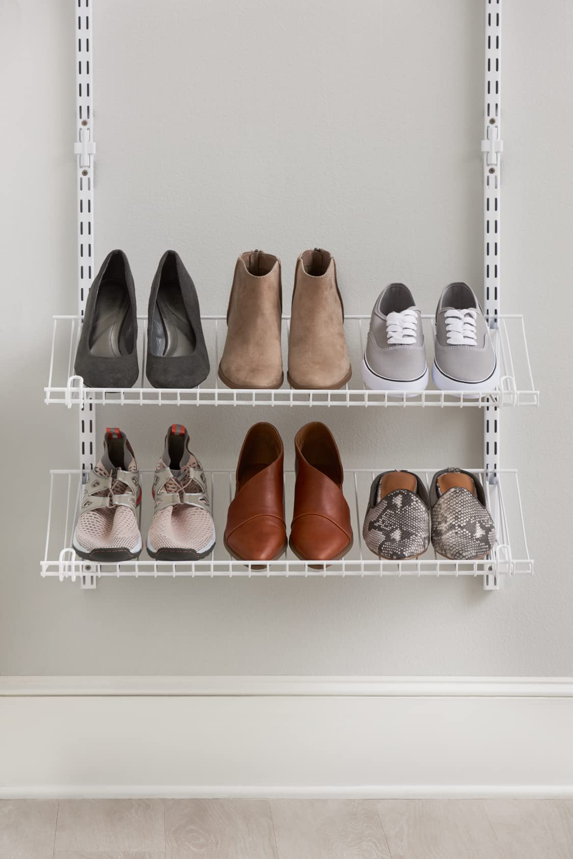 Rubbermaid Customizable Wall Mount Shoe Shelf, White, for Home/House/Closet/Laundry/Linen