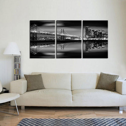 KREATIVE ARTS - San Francisco Bay at Night in Black and White Bridge 3 Panels Modern Landscape Artwork Canvas Prints Cityscape Pictures Paintings on Canvas Wall Art for Home Decor (16x24inchx3pcs)