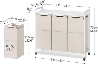HOOBRO Laundry Sorter 3 Section, Laundry Hamper with Wheels, 3 × 11.5 Gal (43.4L), Rolling Laundry Basket, Pull-Out and Removable Oxford Fabric Bags, White WG76XY01