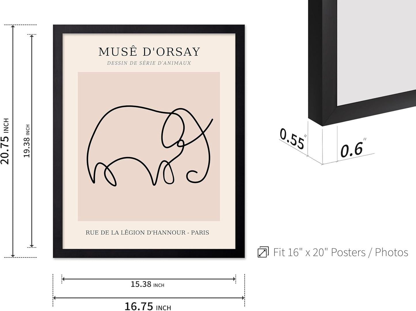Poster Master Vintage Poster - Retro One Line Elephant Drawing Print - Elephant Art - Minimal Gift for Men, Women, Animal Lover - Abstract Wall Decor for Home, Office, 16x20 Black Framed