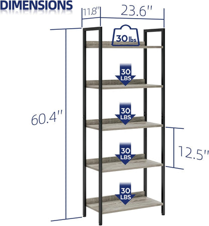 NUMENN Bookshelf, 5 Tier Bookshelves, Home Office Bookcase Shelf Storage Organizer, Free Standing Storage Shelving Unit for Bedroom, Living Room and Home Office, Grey