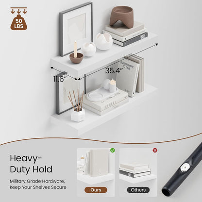 Heimlove 36 Inch Long Floating Shelf for Wall, 12" Deep White Floating Shelves Wall Shelves for Bedroom Living Room Bedroom, Wall Mounted Shelves for Storage Book Decor, Set of 2