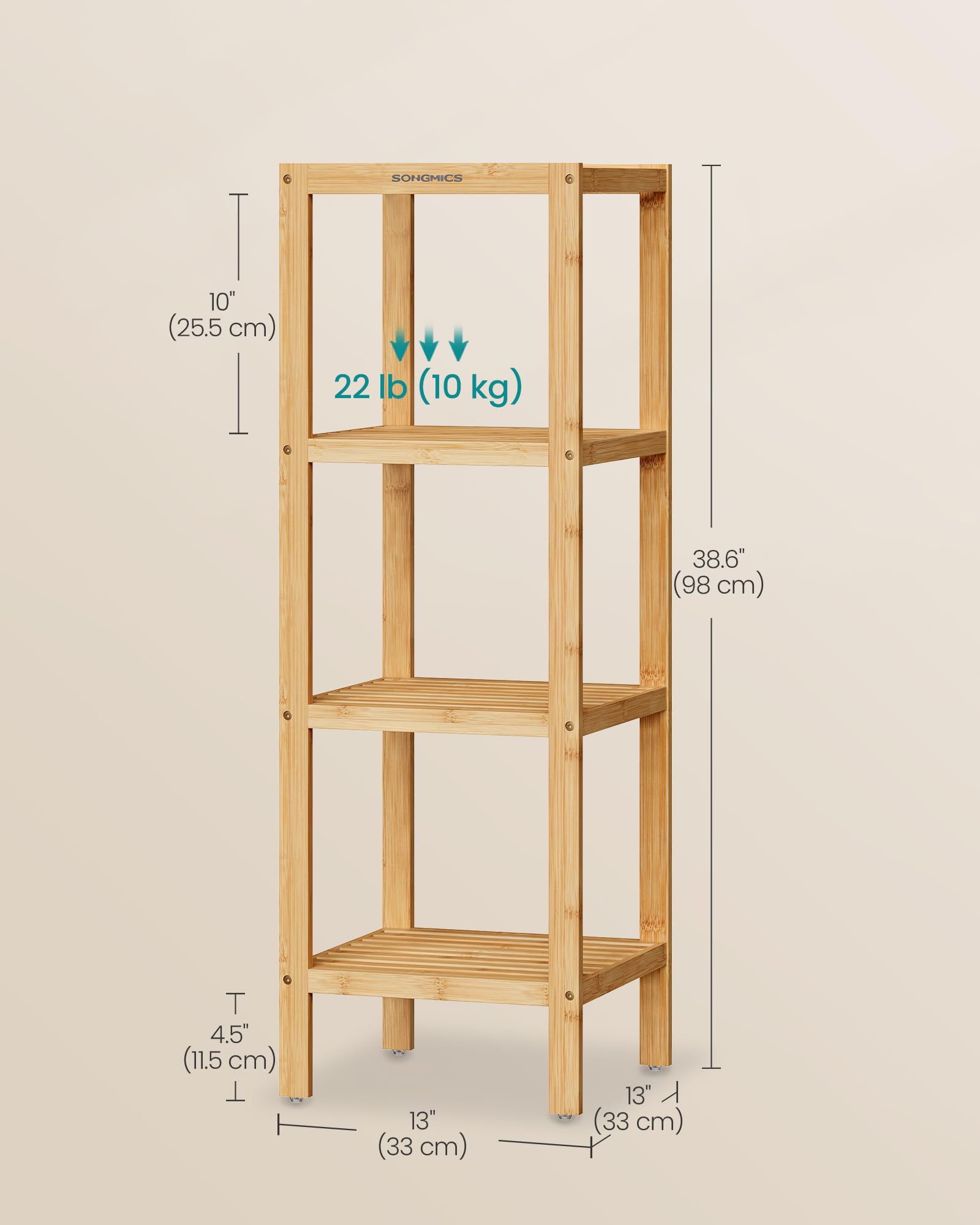 SONGMICS 4-Tier Bamboo Shelf, Narrow Bathroom Shelf, Standing Towel Rack, Corner Rack, for Kitchen
