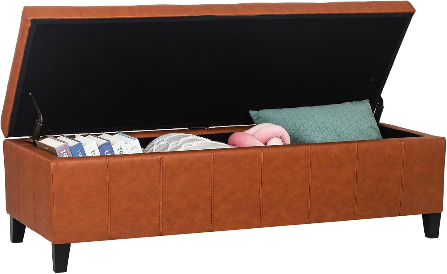 Joveco 51 Inch Storage Ottoman Bench,Tufted Leather Storage Bench for Bedroom (51”,Dark Orange)