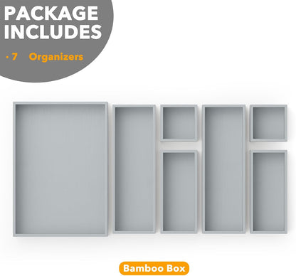 SpaceAid 7-Piece Bamboo Drawer Organizer Storage Boxes Set, Wood Tray Junk Drawer Organizers Multi-Use Divider Bins for Kitchen, Bathroom, Office Desk and Makeup Organization (7 Pack, Gray)