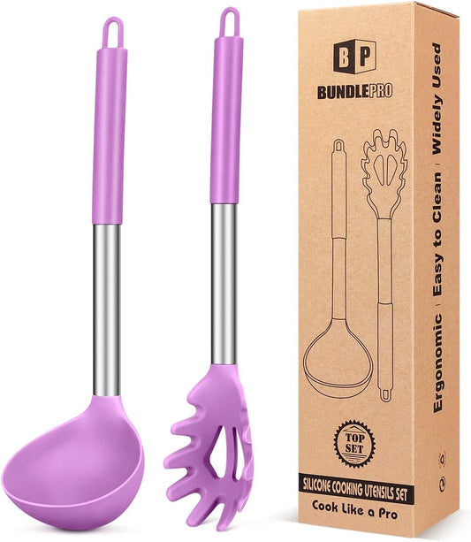 Silicone Pasta Fork and Ladle Spoon Set, Large Non Stick Kitchen Utensils for