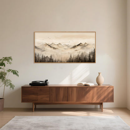 Nature Misty Forest Framed Canvas Wall Art Set, Foggy Landscape Wall Decor, Watercolor Pine Tree Wall Painting, Large Mountains Art Print for Living Room, Bedroom, Office - 20"X40"