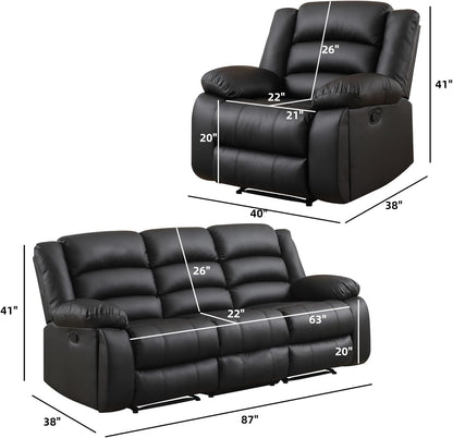 EBELLO Faux Leather Manual Recliner Sofa Set, 3 Seat Reclining Sofa, Couch Furniture Set for Living Room, Black