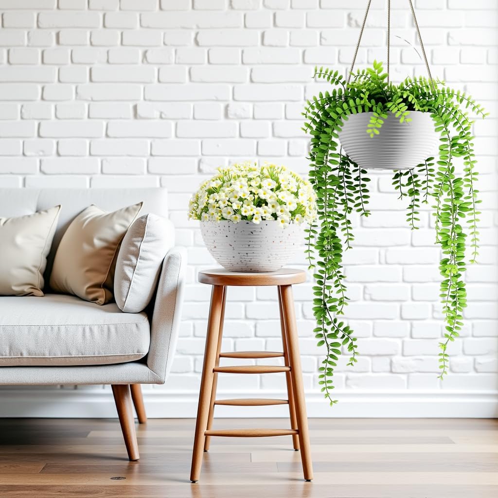 Line Pattern 10 Inch Hanging Planter for Indoor Outdoor Plants, 2 Pack Round Hanging Pots for Plants (White + Speckled White)