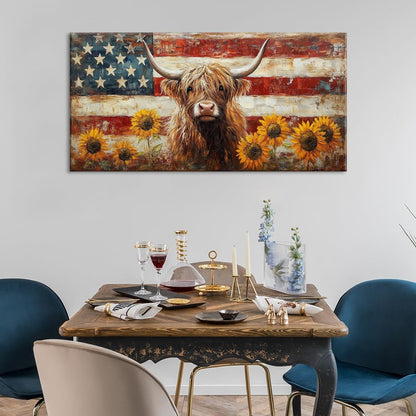 LASMOND Country Highland Cow Wall Art for Living Room Rustic Retro Vintage American Flag Sunflower Canvas Painting Prints Highland Cattle Artwork Farmhouse Bedroom Office Decor (46x23 Inches)