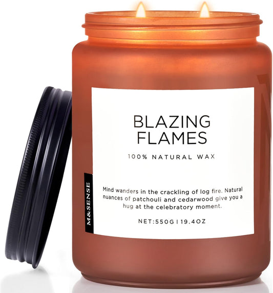 M&SENSE Blazing Flames Scented Candles with Log Fire - Patchouli & Cedarwood, Large Natural Soy