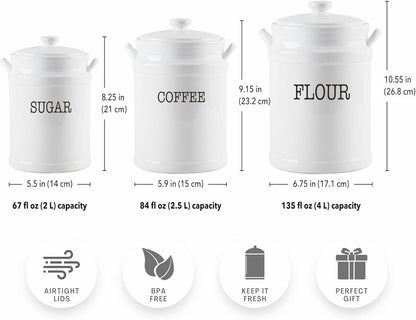 Ceramic Canister Set with Airtight Lids - 3-Piece Kitchen Storage for Flour, Sugar, Coffee, Tea & Spices - Modern Countertop Decor