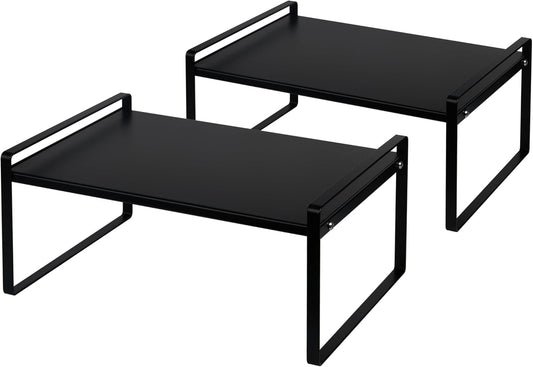 Nxconsu 2Pack Cabinet Shelves Stackable Shelf Organizer Rack Riser for Kitchen Cabinet Pantry Cupboard Counter Countertop Home Organization Storage Space Saver Heavy Duty Metal Nonslip Black Wide