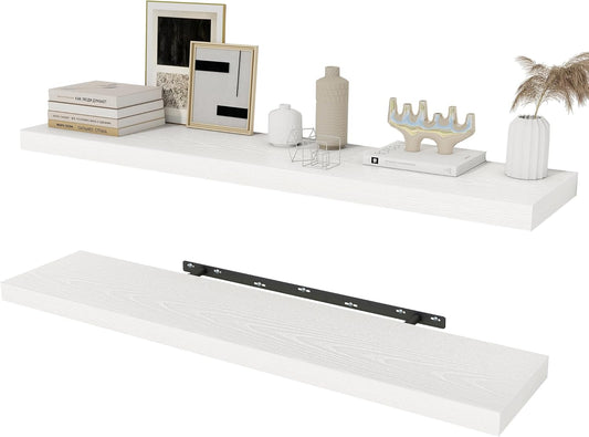 White Floating Shelves Wall Shelf 40 Inch, 8 Inch Deep Floating Shelf for Wall, Farmhouse Black Wood Shelves Invisible Bracket for Living Room, Bedroom, Kitchen, 40 x 8 x 1.4 Inch, Set of 2