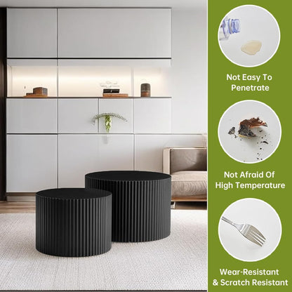Round Nesting Coffee Table Modern Black Fluted Coffee Table Set of 2 Stripe Round Coffee Tables Circle Drum Coffee Tables Side Table Accent End Table for Living Room (Black Large)