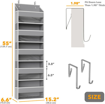 SpaceAid 1 Pack Over The Door Organizer with 5 Large Pockets and 10 Mesh Side Pockets, 5 Layers Door Organizer Hanging with Clear Window for Bedroom, Bathroom, Pantry and Nursery, Gray