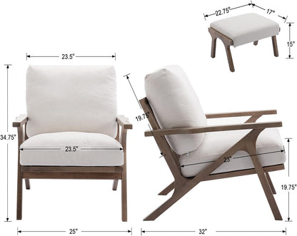 chairus 2 Sets Mid-Century Modern Accent Chairs with Ottoman, Linen Fabric Armchair with Wood Legs Comfy Upholstered Single Sofa Chair for Living Room/Bedroom/Lounge, White
