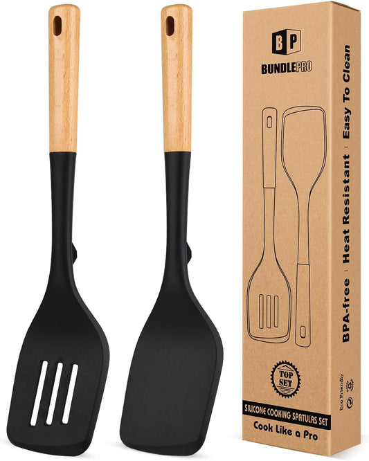 Pack of 2 Large Silicone Spatula, Heat Resistant Solid Turner, Non Stick Slotted Spatulas with