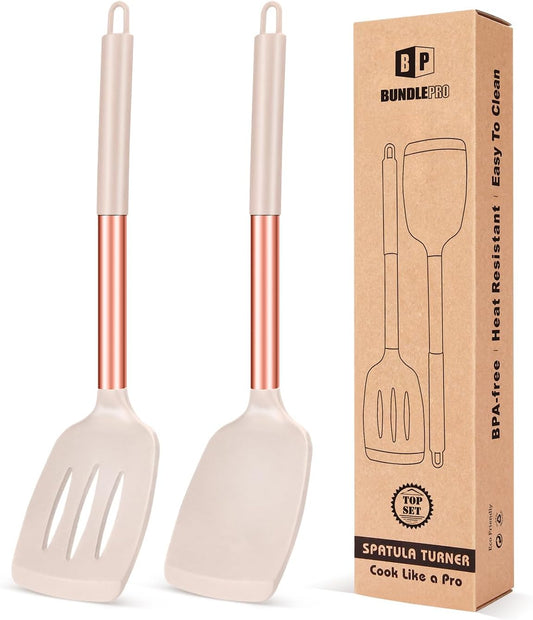 Pack of 2 Silicone Solid Turner, Non Stick Slotted Kitchen Spatulas, High Heat Resistant BPA Free
