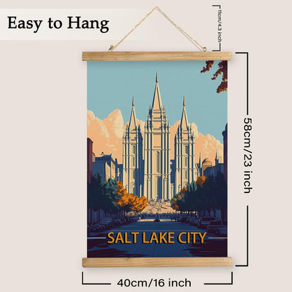 WREVERW Vintage Salt Lake City Poster Canvas Print with Wooden Hanger Frame, Featuring the Historic Salt Lake Temple, Wall Art for Home and Office Decor, 16x23 inches