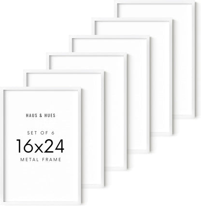 HAUS AND HUES 16x24 White Metal Picture Frames - Features Premium Aluminum, Vertical & Horizontal Hang, Shatterproof Plexiglass - Perfect for Home, Room, Office (16x24 in, White, Set of 6)