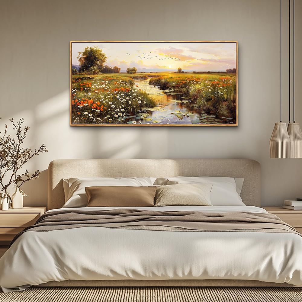 PHAOHUAXM Large Wall Art For Living Room Canvas Wall Decor For Bedroom Watercolour Painting Office Decoration Countryside Sunrise Scenery Wall Picture Ready To Hang Home Decor Wood Framed 20x40 In
