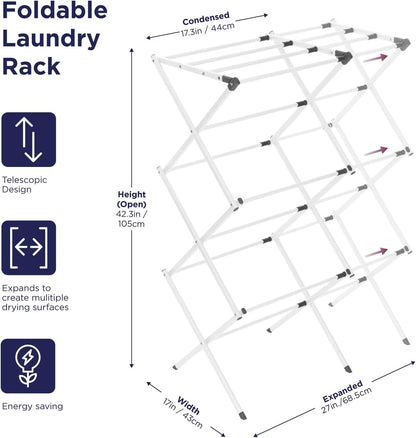 BLACK+DECKER 3 Tier Expandable Collapsing Foldable Laundry Rack for Air Drying Clothing, Space Saving Heavy Duty Lightweight Metal Drying Rack(White)
