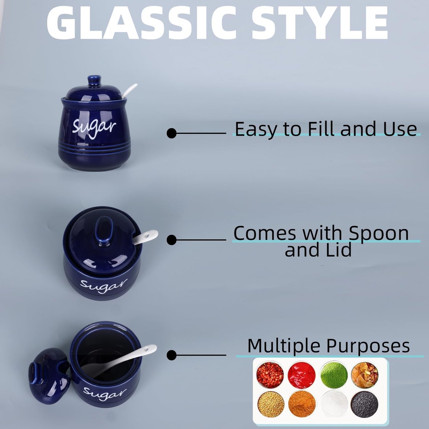 HAOTOP 12oz Sugar Bowl with Lid and Spoon,Ceramic Sugar Jar Sugar Dispenser Sugar Container Coffee Bar Accessories, Kitchen Countertop Canisters, Navy