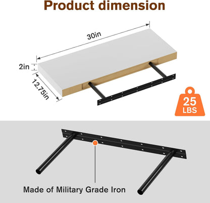 Large Floating Shelves for Wall Set of 2 Wooden Wall Shelves 30 in x 12.75 in x 2 in Room Decor Long Shelf with Invisible Wall Mount Bracket for Bedroom Kitchen Living Room White